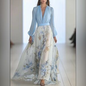 Amazon Women's Long Sleeve Blue and White Dress